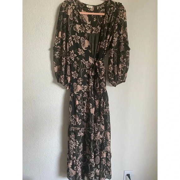 Elan Cosmo Floral Napa Print Ruffle Tiered Wrap Sweeping Maxi Coquette Dress S - Picture 2 of 16